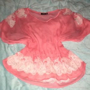 Coral lace sheer blouse with elastic waist